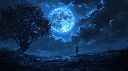 Wall Mural - Haunting Moonlit Night: A Silhouette Person Under a Full Moon with Dark Clouds in a Starry Blue Sky