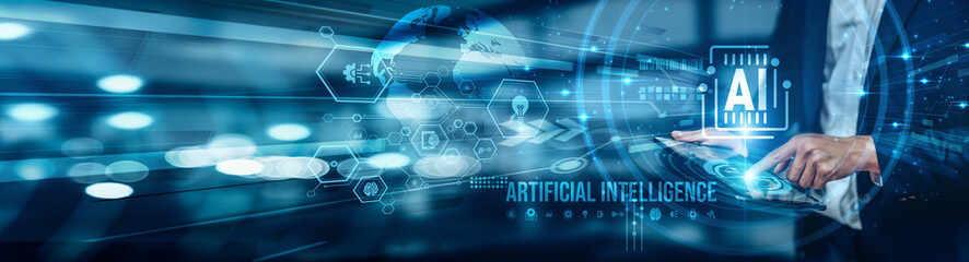 Businessman using tablet analyzing Artificial Intelligence (AI) data, machine learning models, automation, predictive analytics to optimize algorithms for big data insights and smart decision-making.