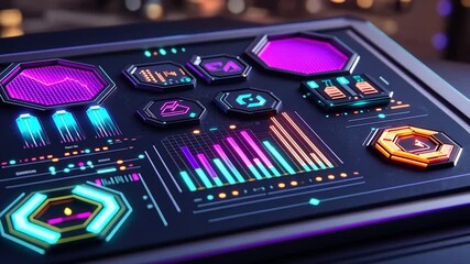 Futuristic neon-lit control panel displaying various data graphs and interactive buttons