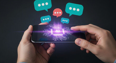 Wall Mural - hands hold smartphone displaying ai microchip and chat bubbles, symbolizing artificial intelligence 