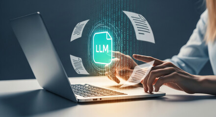 Wall Mural - laptop screen displays llm file icon surrounded by data stream, showcasing digital document processi