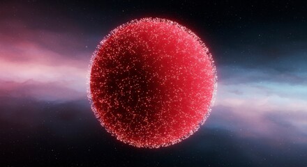 a vibrant red sphere, speckled with luminous particles, floats in a cosmic nebula of pink and blue h