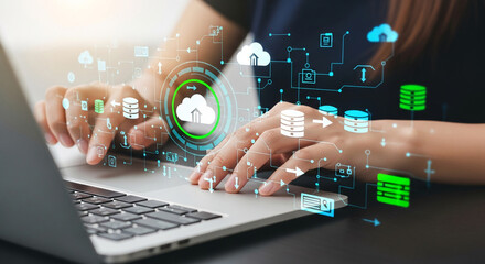 Wall Mural - hands interacting with a laptop, showcasing a digital cloud computing network interface, symbolizing