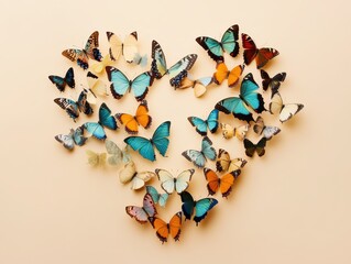 Wall Mural - Romantic Fluttering Butterflies Crafting a Heart on Soft Pastel Beige, Ideal for Valentine's or Mother's Day Themes