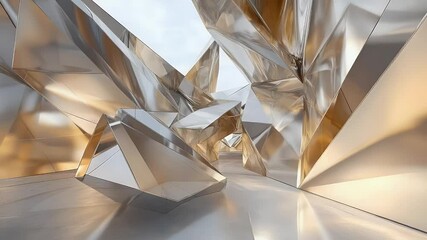 Abstract metallic architectural design with geometric shapes and reflections featuring silver and gold tones and a bright open sky element