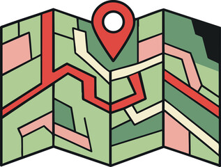 Wall Mural - location pin on folded map navigation illustration with green and red lines vector