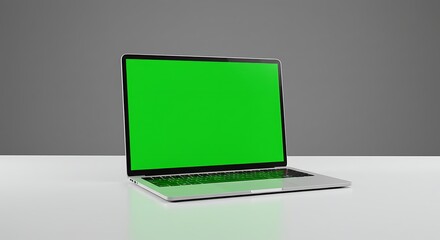 sleek silver laptop with vibrant green screen perfect for mockups and presentations