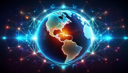 Wall Mural - a low poly neon globe pulsating with light interconnected by digital beams representing global communication in the digital age