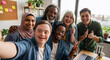 © Eduardo Accorinti - Young adult businessman with down syndrome taking selfie with multiethnic business team in bright inclusive workplace
