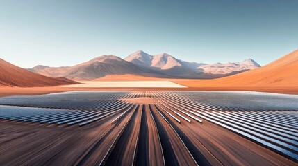 Extensive solar panels array in a desert landscape.