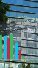 Wall Mural - Bar chart animation over modern glass building with tree and palm in foreground