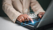 © krungchingpixs - Generative Engine Optimization (GEO) concept. Businessman use generative engine optimization on laptop for view search results from internet network. Ai smart search. Icons representing AI.
