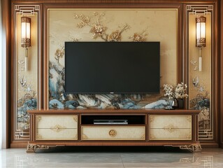 high detail visual of living room interior with drawer and tv set with mockup screen high detail