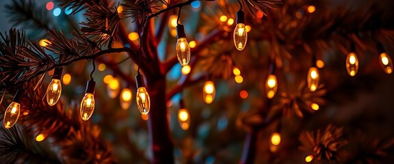 Wall Mural - Abstract glowing Christmas lights hanging on a stylized tree, abstract, glowing
