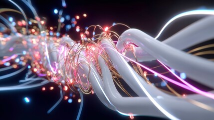 Sticker - abstract data flow visualization with fiber optics and glowing particles. futuristic network.