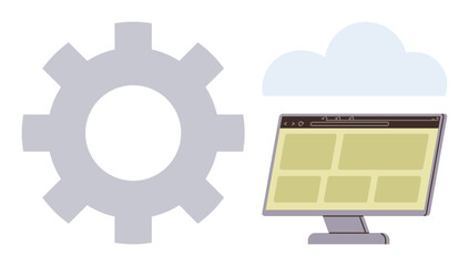Computer monitor displaying interface layout, large gear representing settings, cloud for storage. Ideal for technology, innovation, cloud storage, web development, workflow, software simple flat