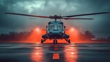 Military helicopter on a wet runway at night