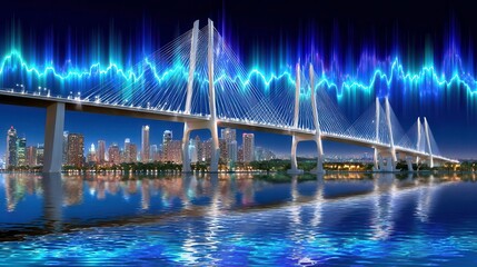 Sticker - futuristic cityscape bridge at night with digital waveform overlay. urban technology concept.