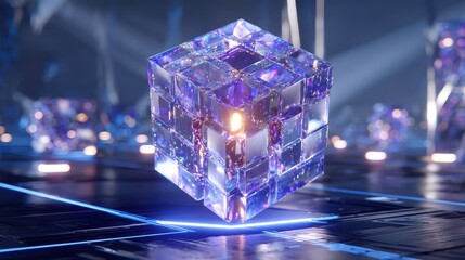 Sticker - abstract tech cube, future technology, data visualization