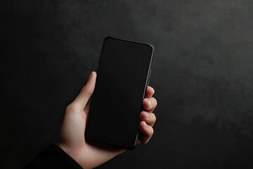 High Quality Picture of Hand Holding Smartphone with Black Mockup Screen