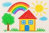 Cheerful children's crayon artwork featuring colorful house rainbow and smiling sun drawn with innocent creativity on white paper background