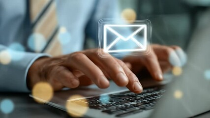 Close Up of Man's Hands Typing on Laptop Keyboard with Email Icon Overlayed in Soft Focused Office Setting