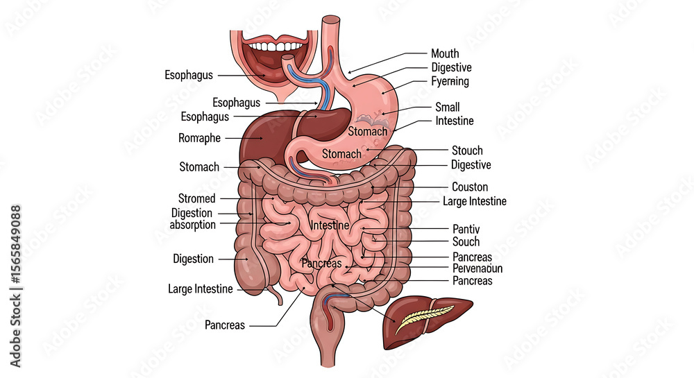 Anatomical illustration of the human digestive system, showing organs ...