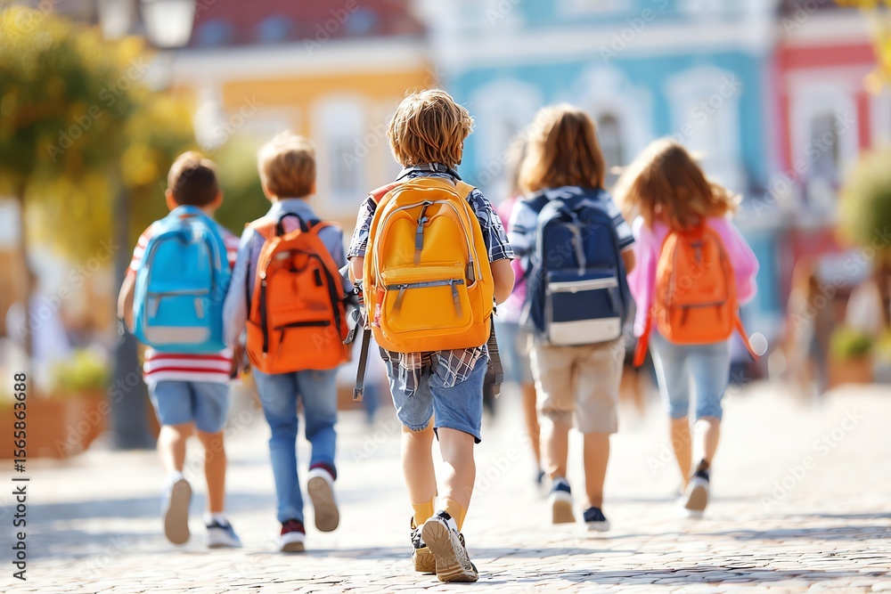 happy group of diverse children with backpacks walking into school on ...