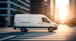 © abu - White delivery van speeds through city street with dynamic motion blur effect.