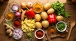 © Sony - Overhead shot of various fresh ingredients and spices arranged on a wooden surface, ready for cooking.