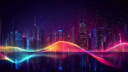 Wall Mural - A high tech cityscape with neon waves sweeping across the skyline illuminating the night with stunning clarity