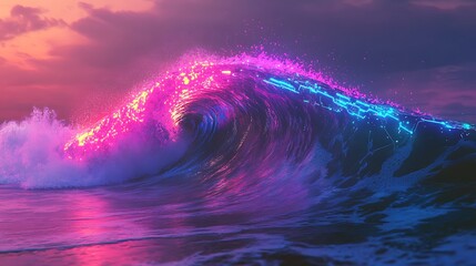 Wall Mural - A high-tech neon wave breaking on the shore with glowing colors in a digital setting