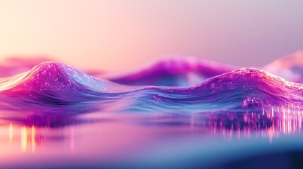 Wall Mural - A surreal wave of neon light cascading over a reflective surface with a subtle ripple effect in glowing colors