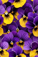 Wall Mural - Pansies on purple background cartoonish seamless pattern