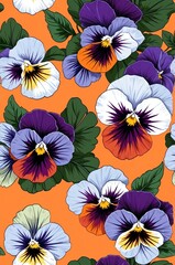 Wall Mural - Pansies on orange background cartoonish seamless pattern