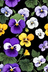Wall Mural - Pansies on black background cartoonish seamless pattern