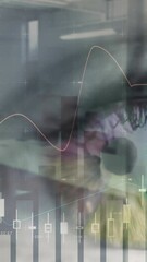 Wall Mural - animation of statistics and data processing over woman's eye in background