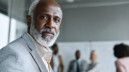 Wall Mural - confident older black male professional leaning forward in team discussion, light background, room f