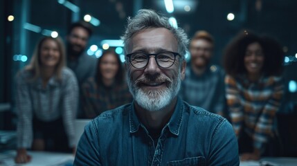 Wall Mural - focused team scene with mature man seated among diverse colleagues, backlit modern office, open lowe
