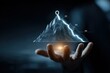 © XIAO - A leader's hand supporting a holographic OKR mountain, a futuristic concept of Objectives and Key Results, representing a clear path to achieving ambitious goals.