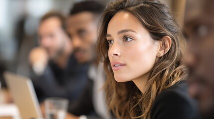 Wall Mural - side profile of businesswoman mid-sentence in professional group meeting, laptop visible, clean uppe