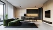 © bat max - Bright modern living space with a green sofa, light floors, and an open layout