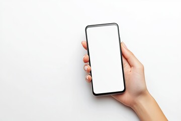 Detailed Color Picture of Female Hand Holding Smartphone with Blank Screen Over White Background