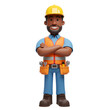 © DFN99 - Smiling Construction Worker Character with Arms Crossed, Confident Cartoon Tradesman with Yellow Hard Hat and Tool Belt Isolated