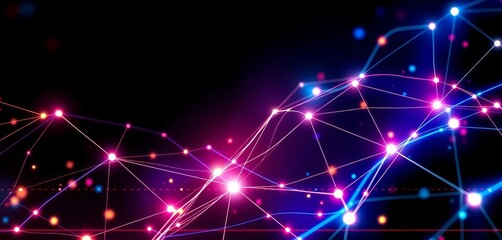 abstract digital network glowing lines, nodes, and binary code forming a futuristic technology banne