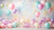 © Nasreen - Pastel balloon birthday background with soft colorful balloons, light pink and blue party decor, festive backdrop for baby celebration or first birthday event indoors
