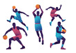 © ImagineerAI - Dynamic silhouettes of basketball players showcasing various actions during a game, including dribbling, jumping, and shooting.