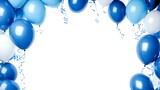 Blue balloons forming festive border frame on white background for birthday celebration, party invitation, or greeting card design