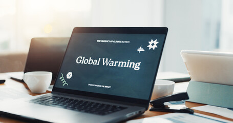 Wall Mural - global warming, laptop screen and computer on desk in office for website, information or research. b