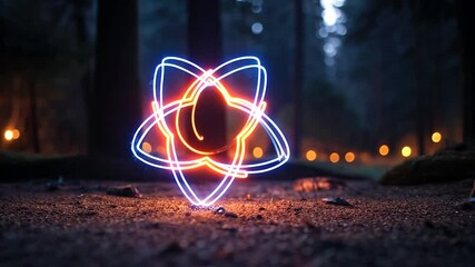 Wall Mural - Abstract glowing neon atom symbol in a dark forest at night. The symbol features blue and orange lights, set against a backdrop of blurred trees and soft bokeh lights, creating a mystical atmosphere